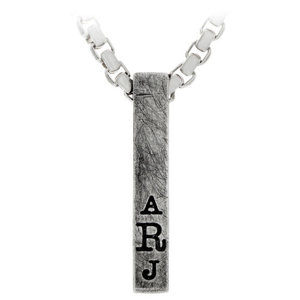 Custom engraved vertical silver bar necklace for men with initials "ARJ"