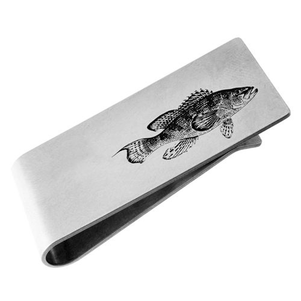 Sterling silver money clip engraved with bass fish illustration - Metal Pressions