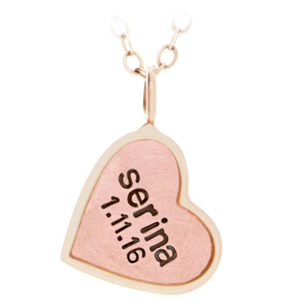 14K rose and yellow gold heart necklace personalized with engraved name and date