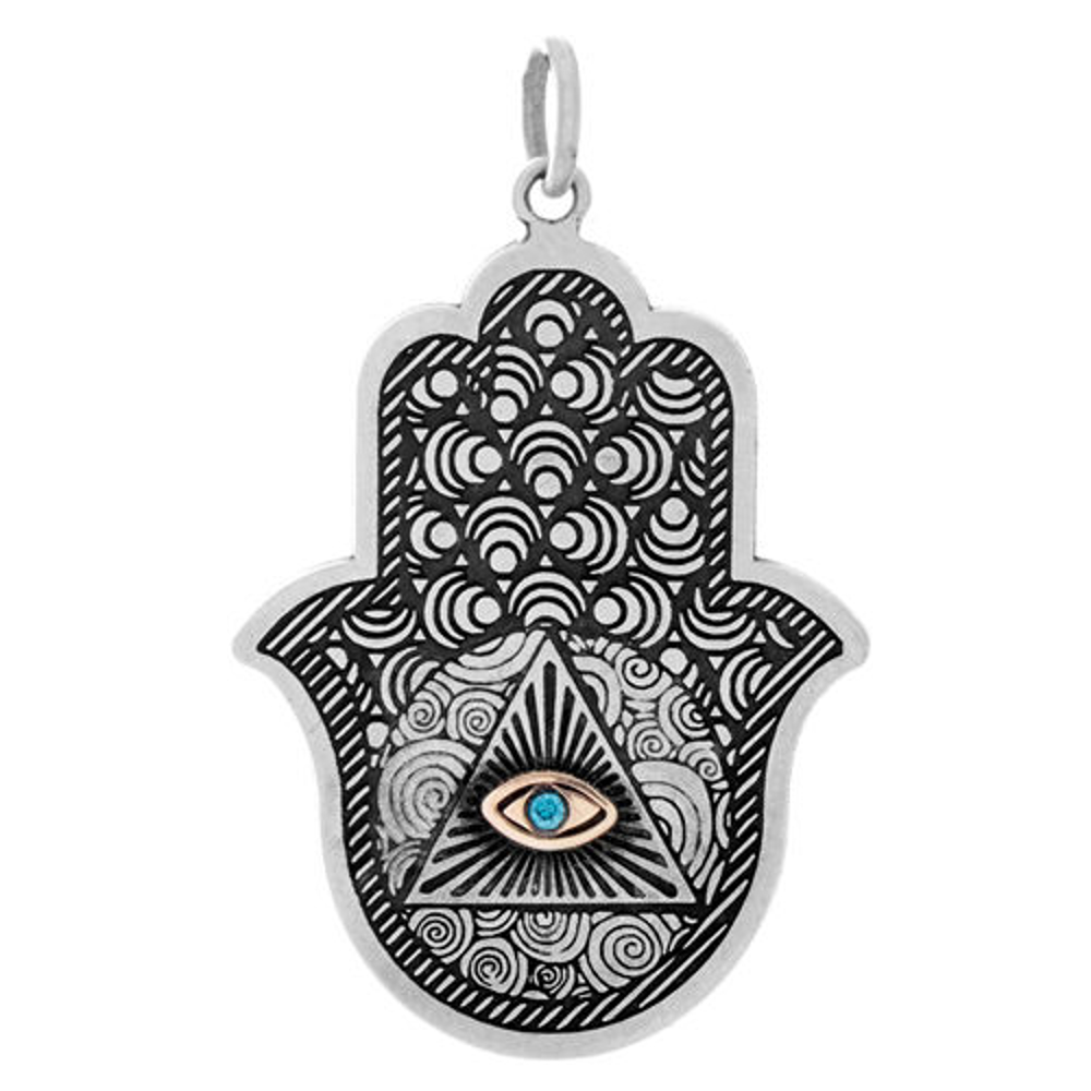 hamsa hand necklace with evil eye in sterling silver with solid gold eye and blue diamond