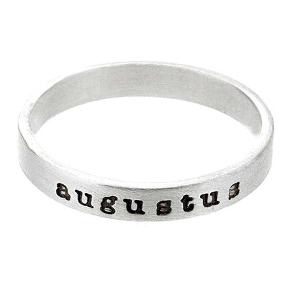 Personalized sterling silver ring engraved with the name "augustus" in typewriter font