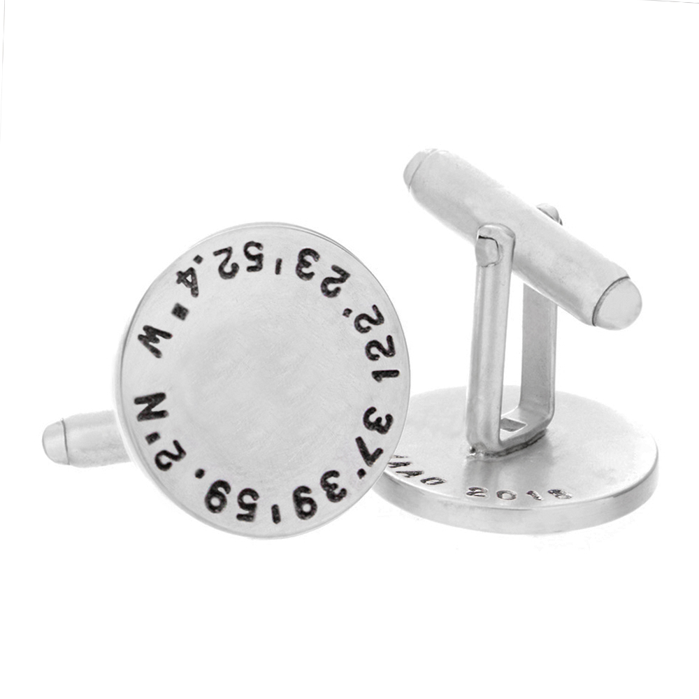 Personalized sterling silver cufflinks engraved with wedding coordinates