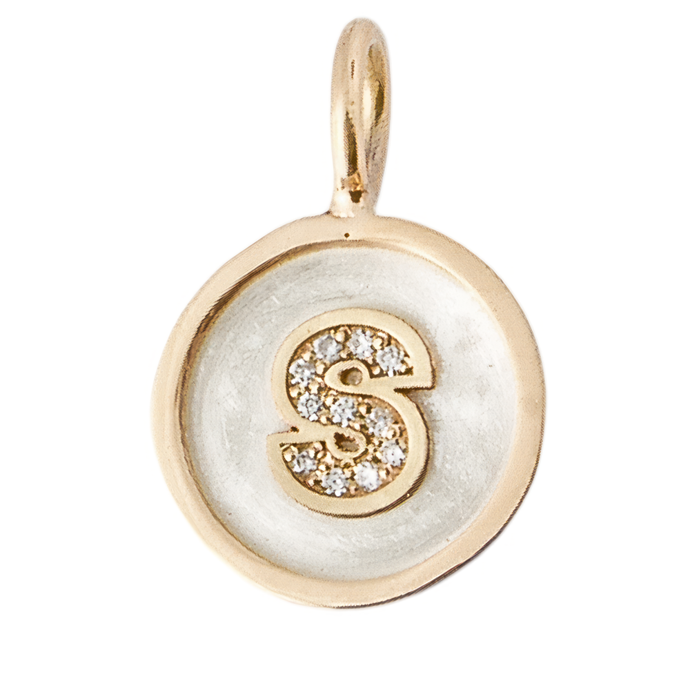 Pave Diamond Letter on Silver Round Rimmed Charm
