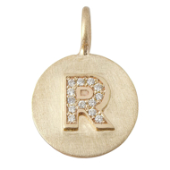 Diamond initial charm with raised gold letter R in 14K gold