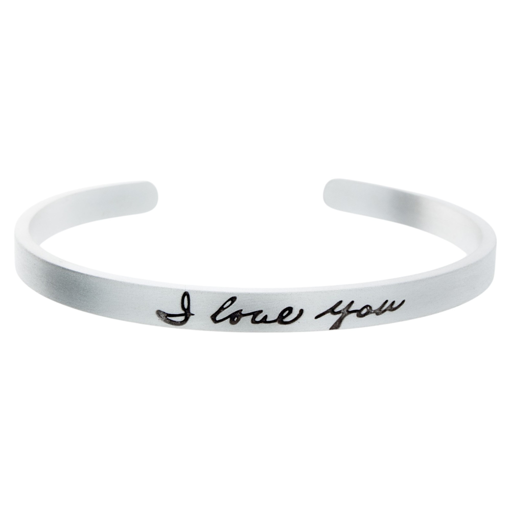 Sterling silver and gold handwriting bracelet engraved with 'I love you,' the perfect personalized Valentine’s Day gift.