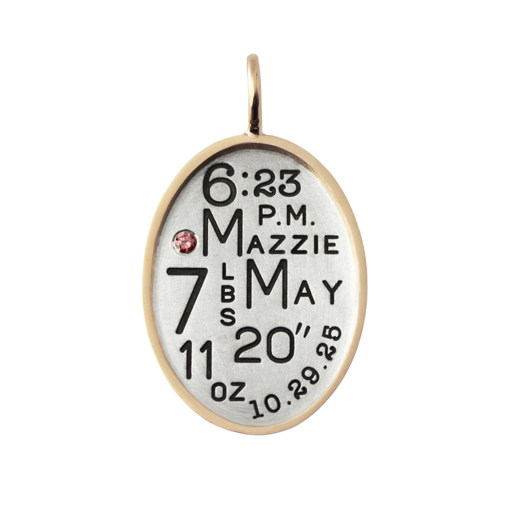 Personalized baby birth stat necklace with name, birth date, time, weight and length