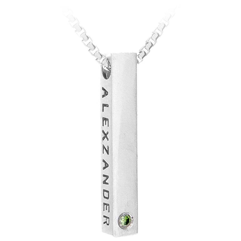 personalized birthstone bar necklace for mom in sterling silver with engraved name and flush-set birthstone