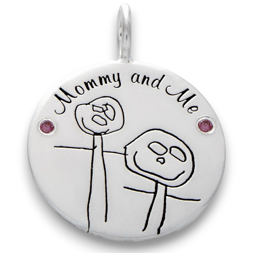 Kids drawing mommy and me necklace engraved on sterling silver pendant